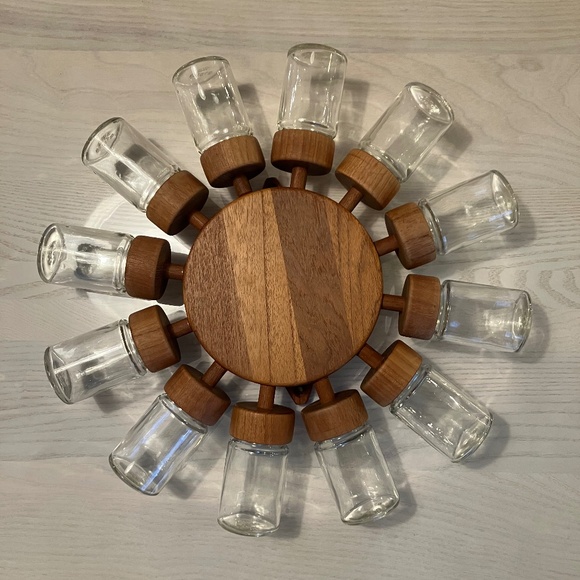 DIGSMED Danish Teak Spice Rack Wheel with 12 Glass Jars Midcentury Modern Kitche - Picture 1 of 8